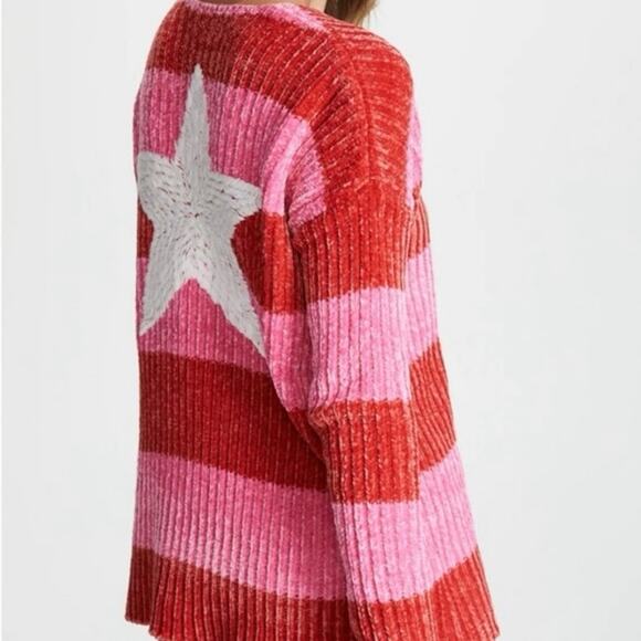 Wildfox Chenille Star Embroidered Oversized Knit Sweater Red Stripe Small NWT - Picture 3 of 16
